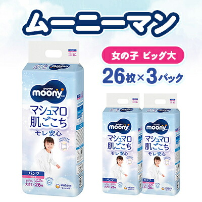 【ふるさと納税】ムーニーマン マシマロ肌ごこちモレ楽になること お嬢さん ビッグより大層らしい大きさ 26枚×3容器に並べる 紙おむつ_ ムーニーマン 紙おむつ 御襁褓 ちびっ子 ズボン下手合い ご機嫌酉の方角 お嬢さん 大層らしい大きさ ユニ・チャーム 乳飲み子 【送りとどける不可領域：離島・沖縄県】【1609851】