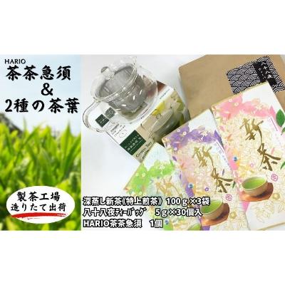 【ふるさと納税】ハリオ「茶茶急須」　特選　深蒸し新茶《特上煎茶》と八十八夜ティーバッグ　お届け：6月初旬から順次発送｜静岡県袋井市