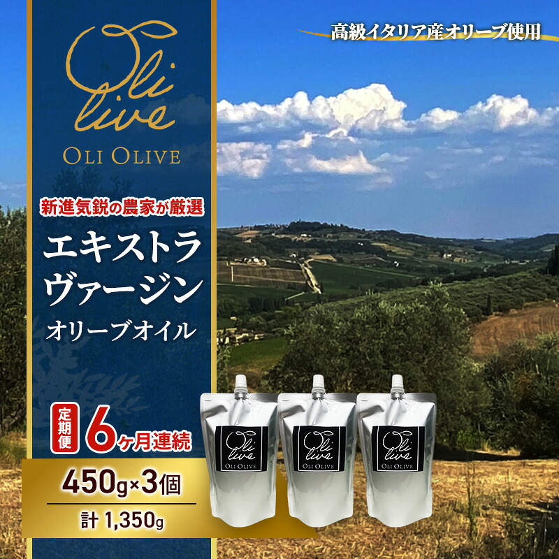 【ふるさと納税】【受賞農家が選出】 高級イタリア産 エキストラ・ヴァージン・オリーブオイル 450g&times;3個【定期便6ヶ月連続】 調味料 油 オリーブ油 食用油 静岡県 袋井市｜静岡県袋井市
