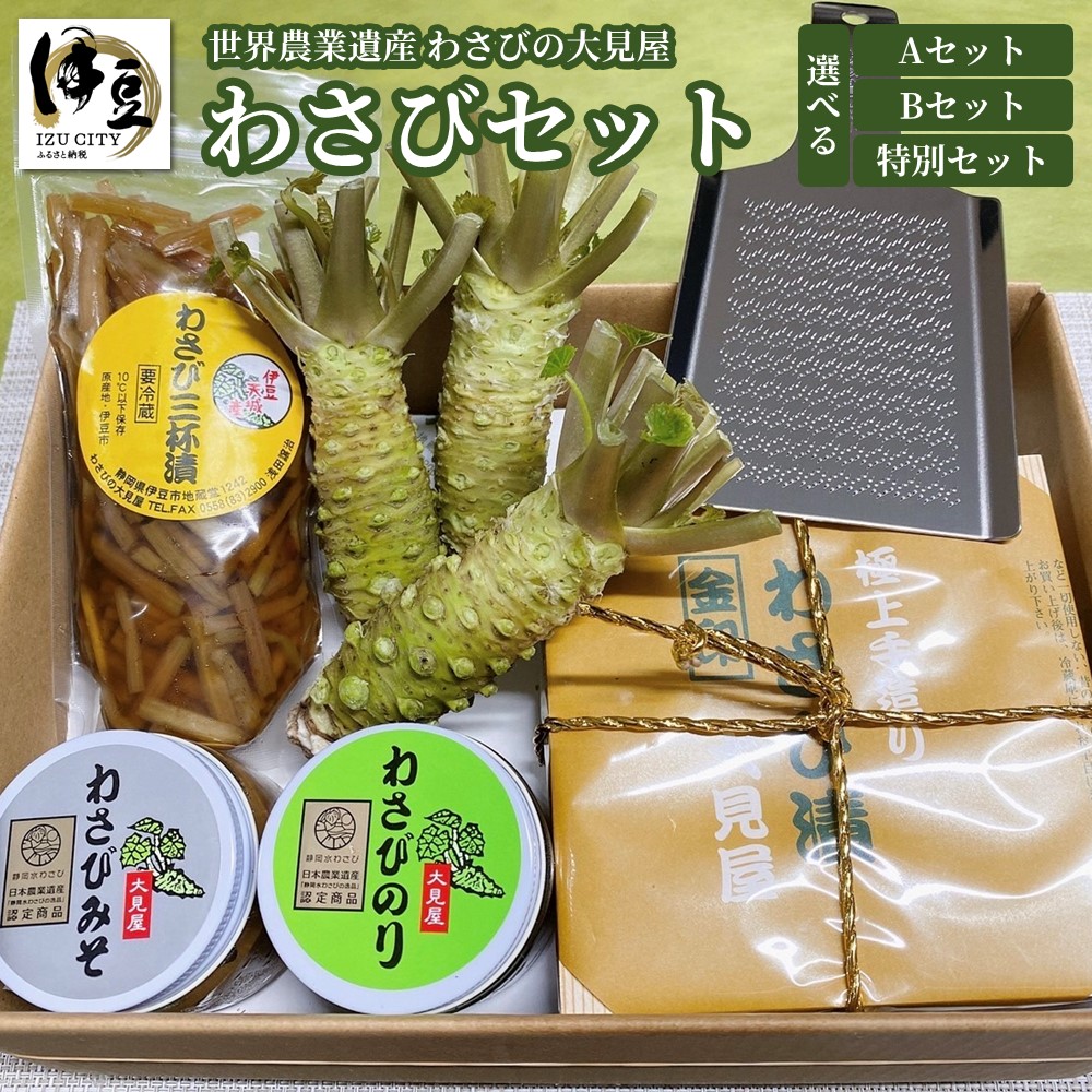 【ふるさと納税】 わさびセット (プラスチックおろし板+レシピ付) <br><br>/ 伊豆 特産品 特産 わさび ワサビ 生 生わさび 生ワサビ 本わさび 本ワサビ 薬味 おろし金 セット 詰め合わせ 加工品 贈り物 ギフト お取り寄せ 国産 国内 静岡 静岡県 伊豆市 大見屋