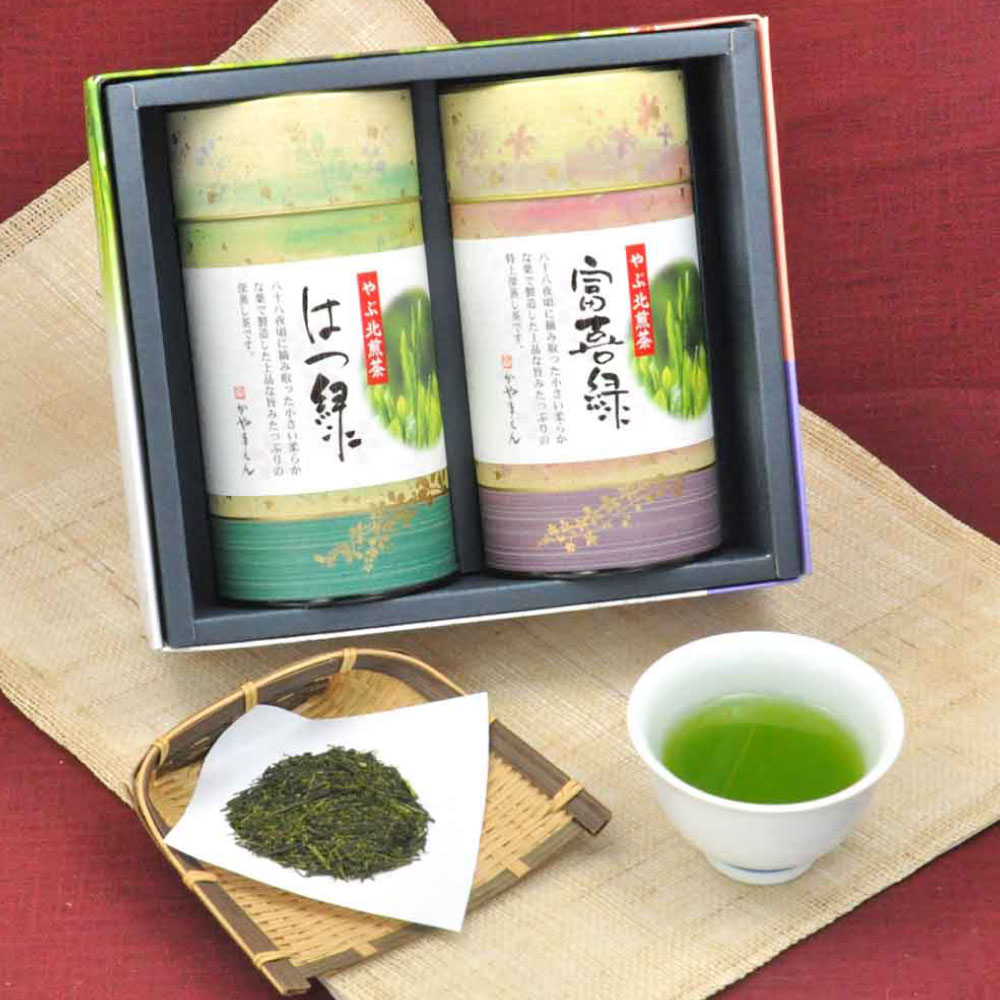 【ふるさと納税】京おぼろ缶入 深蒸し特上煎茶 200g&times;2缶（富喜緑 200g はつ緑 200g）セット 計400g 八十八夜摘み 八十八夜 一番茶 深蒸し茶 煎茶 お茶 茶 日本茶 緑茶 高級缶 缶 缶入り 和柄 お取り寄せ かやまえん 静岡県産 静岡県 菊川市｜静岡県菊川市