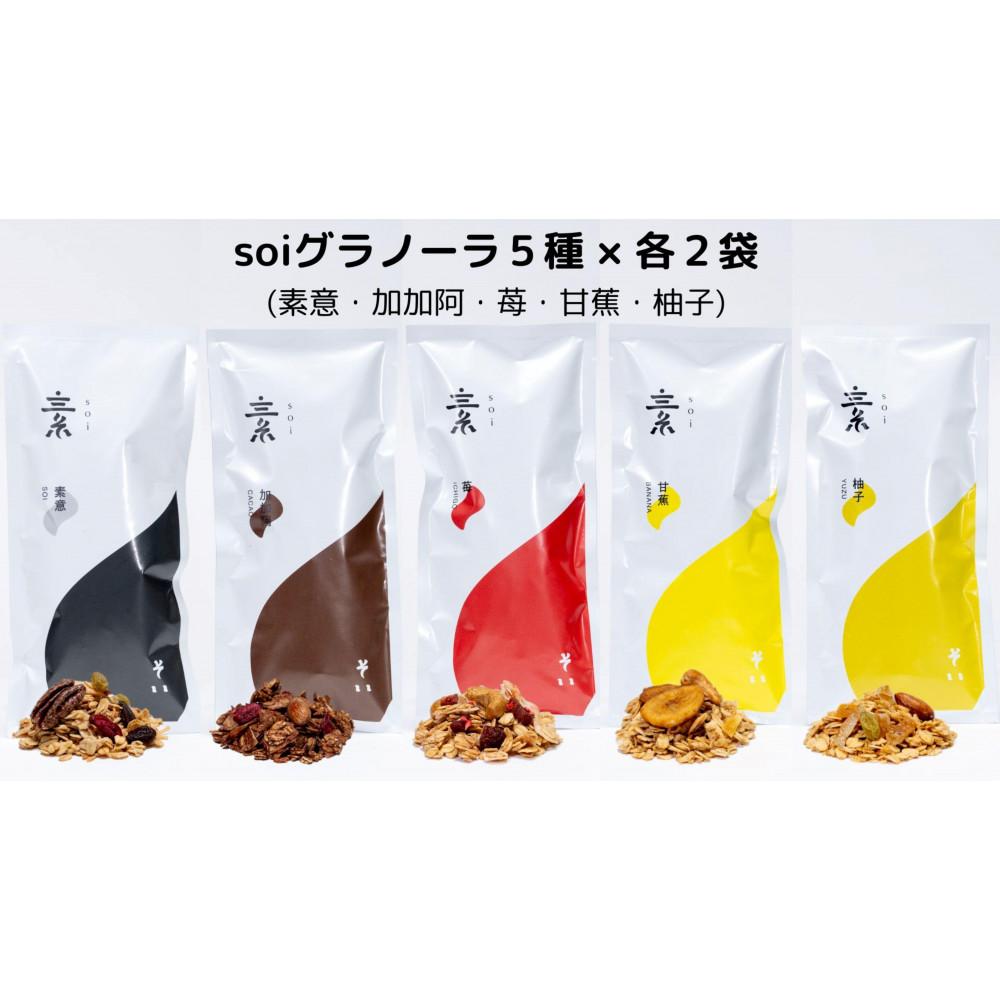 【ふるさと納税】soi 食べ比べグラノーラ 5種類&times;2セット（プレーン・カカオ・いちご・バナナ・ゆず） | ノベルティ プレゼント ギフト グルテンフリー 保存料不使用 酸化防止剤不使用 朝食 おやつ 間食 タンパク質 たんぱく質 プロテイン｜愛知県大府市