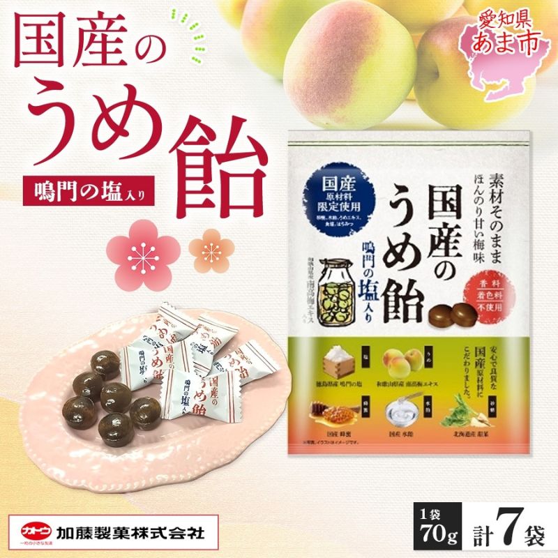【ふるさと納税】加藤製菓 国産うめ飴 70g×7袋 飴 あめ キャンデイー 個包装 国産 日本産 素材の味 素材 梅 はちみつ 甜菜糖 南高梅 酸味 まろやか 優しい味わい 持ち歩き お取り寄せ 送料無料 愛知県 あま市