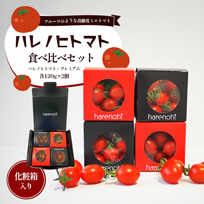 【ふるさと納税】ハレノヒトマト食べ比べセット [ ハレノヒトマト(糖度10度)120g プレミアム(糖度11度以上)120g 各2個 ミニトマト とまと 野菜 フルーツトマト 化粧箱 ]