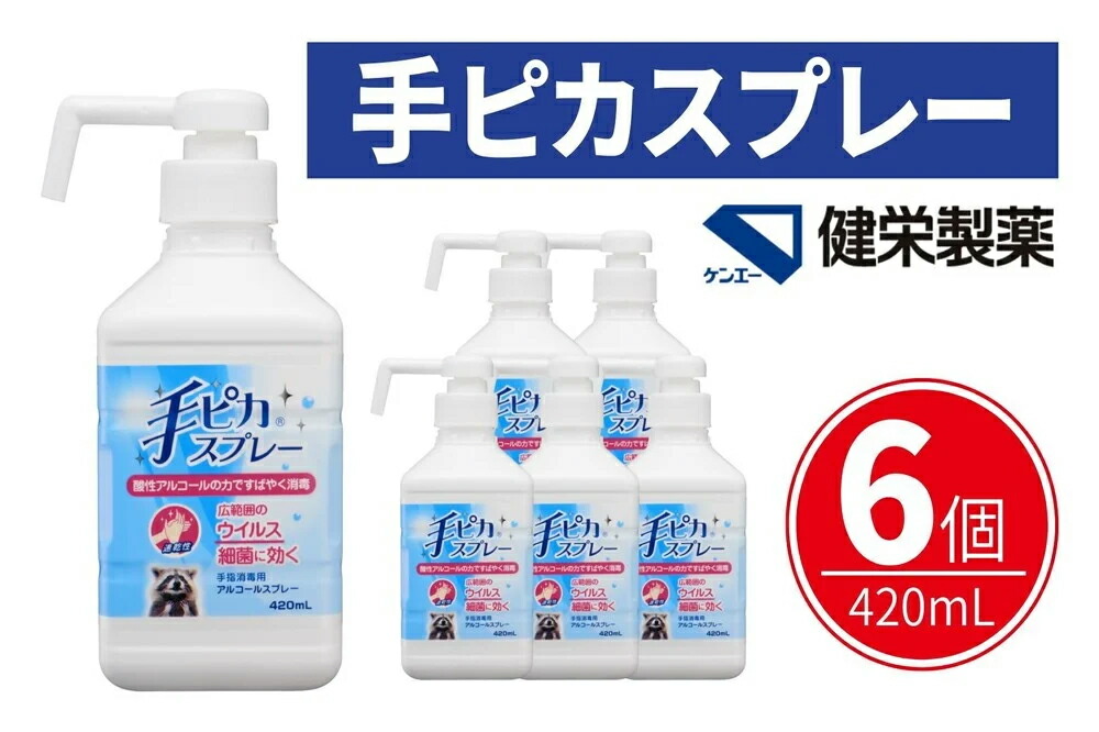 【ふるさと納税】手ピカスプレー 420mL&times;6個(アルコール 手指消毒 消毒液 消毒 除菌 ジェル 衛生 ウイルス 対策 防災 日用品 保存 便利 感染予防 指定医薬部外品) 食べ物以外 【メディファム めぐみ調剤薬局】｜三重県松阪市 7,500円