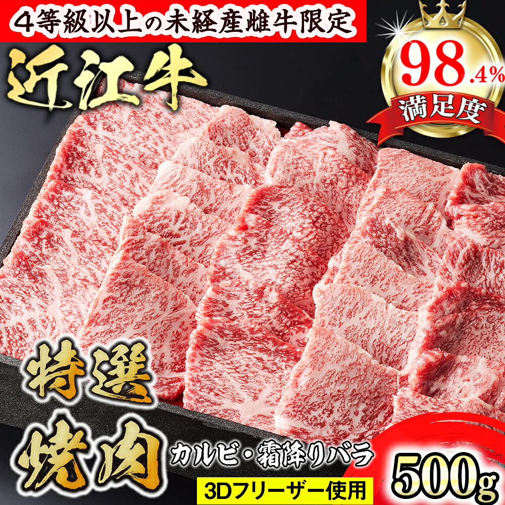 【ふるさと納税】【森三商会】4等級以上の未経産雌牛限定　近江牛特選焼肉500g(カルビ・霜降りバラ）