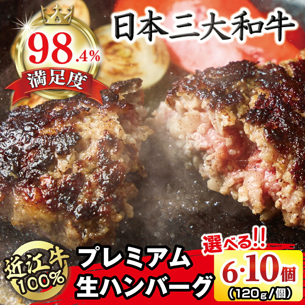 【ふるさと納税】近江牛100% プレミアム生ハンバーグ 選べる 6個 / 10個(約120g/個) 牛肉 国産 近江牛 ハンバーグ 個包装 近江フードJAPAN 冷凍