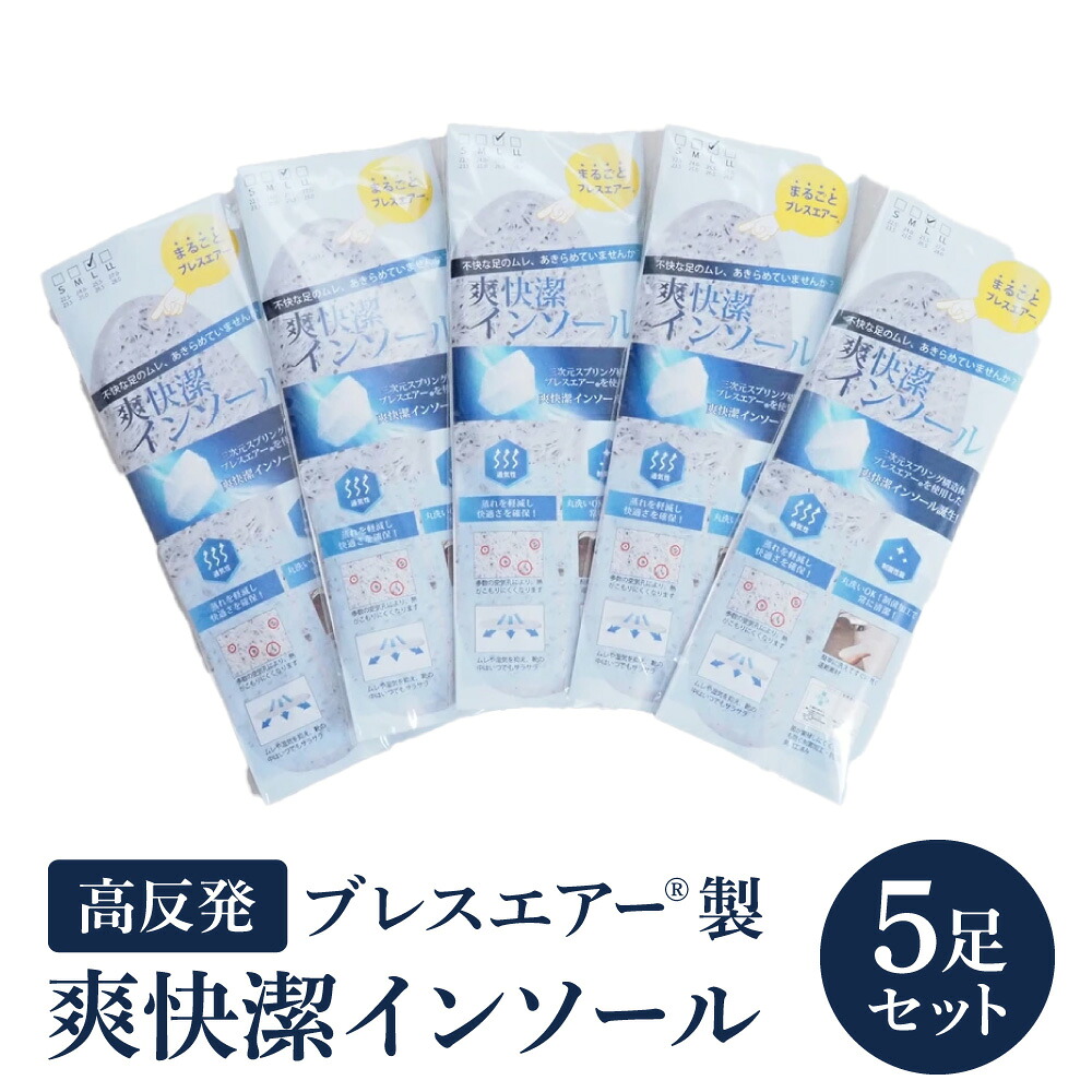 【ふるさと納税】高反発ブレスエアー&reg;製「インソール」5足セット 日本製 近江化成工業株式会社 滋賀県 東近江市 A-G22 洗える 蒸れない 抗菌 防臭 足ムレ対策 水虫予防 立ち仕事 足裏快適 高通気 衝撃吸収 スニーカー ブーツ 安全靴 革靴｜滋賀県東近江市