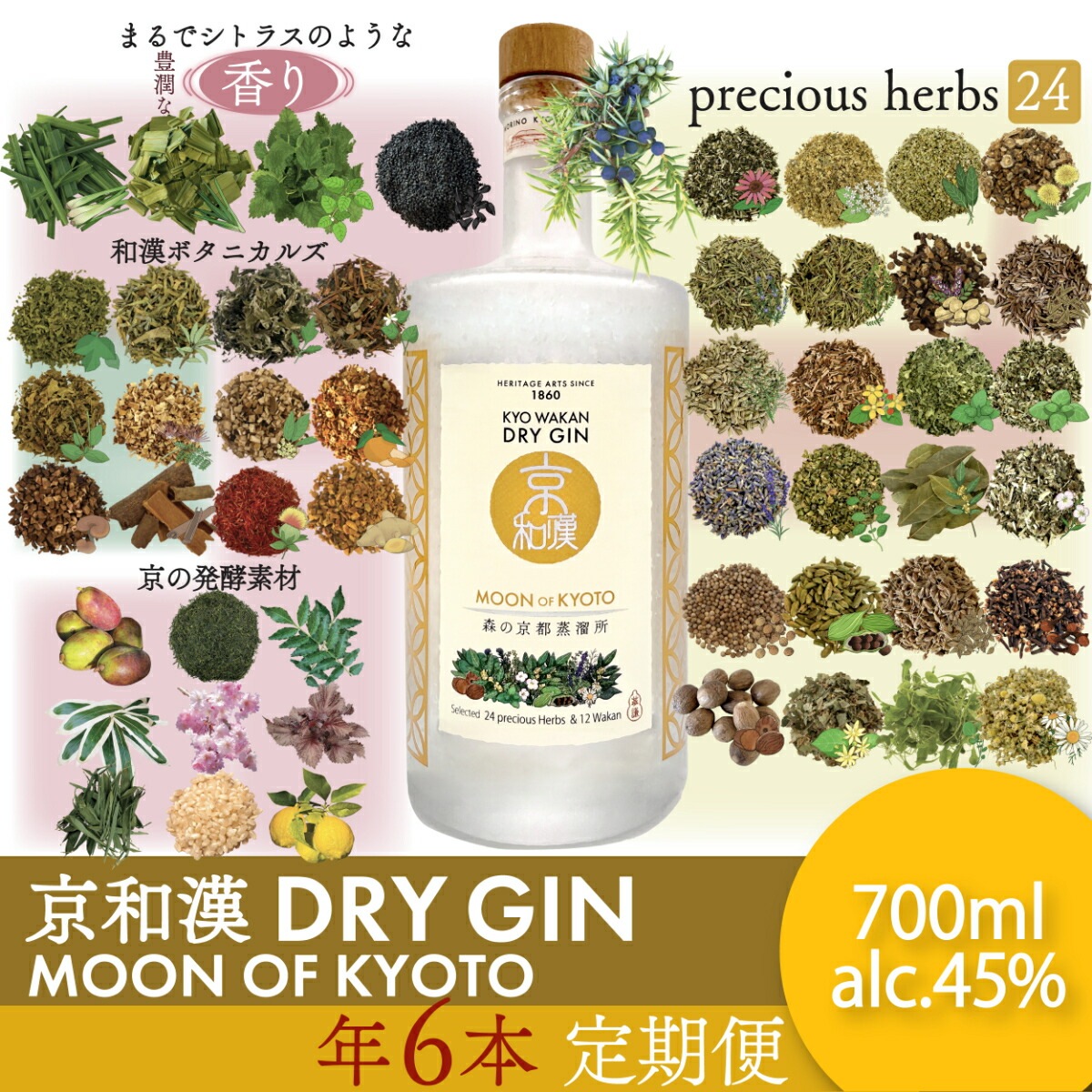 【ふるさと納税】＜定期便1年コース＞森の京都蒸溜所 クラフトジン 京和漢 DRY GIN MOON OF KYOTO 6本セット (700ml・2カ月に1回・全6本) 酒 洋酒 ジン クラフトジン 【fc-DR005】【Natural Spirits】