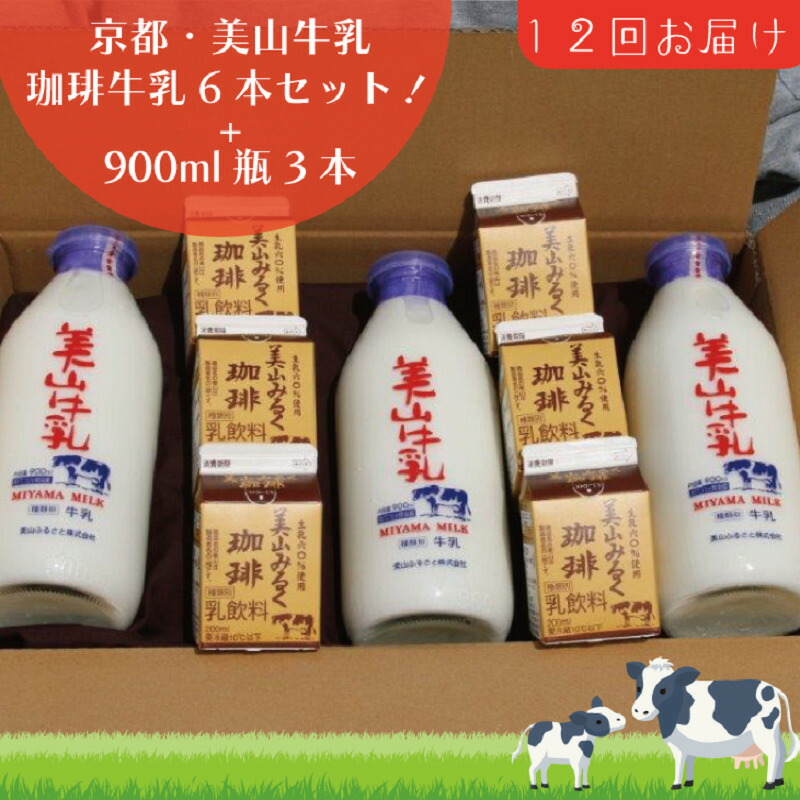 【ふるさと納税】牛乳 定期便 12ヶ月 京都 美山牛乳 瓶 900ml &times;3本 珈琲牛乳 200ml &times;6本 詰め合わせ セット 美山町 お取り寄せ コーヒー牛乳 パック 定期 お楽しみ 12回 ※北海道・沖縄・離島への発送不可 ｜京都府南丹市
