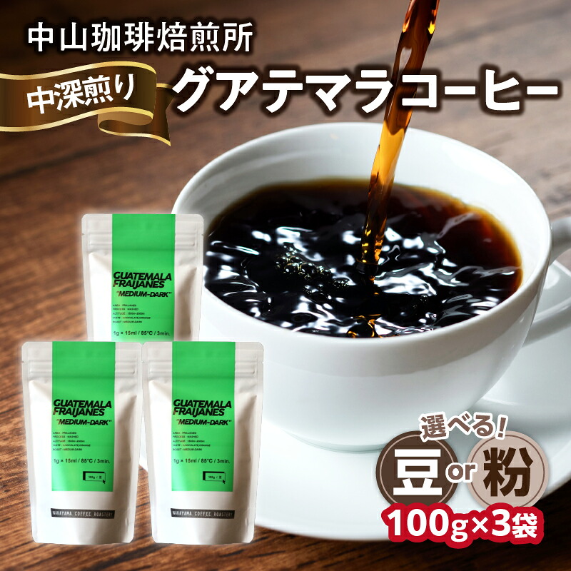 【ふるさと納税】 自家焙煎コーヒー 中深煎り グアテマラ 100g&times;3袋 選べるタイプ【豆or粉】コーヒー豆 珈琲 コーヒー コーヒー粉 100g&times;3袋 合計300g｜京都府木津川市