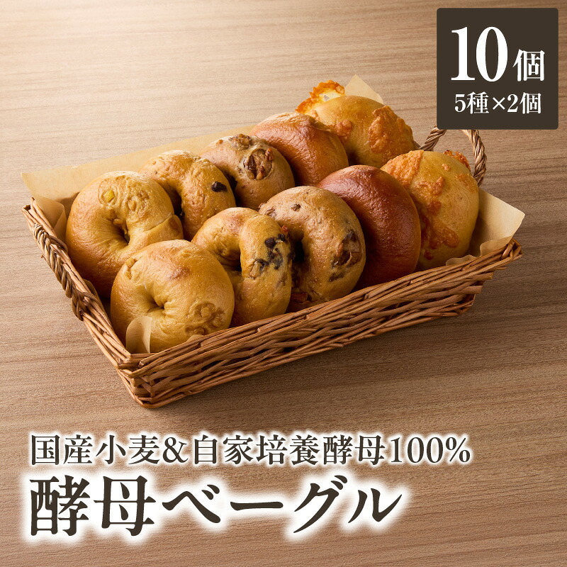 【ふるさと納税】 国産小麦&自家培養酵母100% 酵母ベーグル5種×2個 パン ベーグル 身体にやさしい 自然素材 素朴 セット おやつ 朝食 国産 酵母 プレーン チョコ チーズ 胡桃 オレンジ 風味 食感 もちもち もっちり 食べ応え 冷凍 朝食 おやつ|京都府木津川市