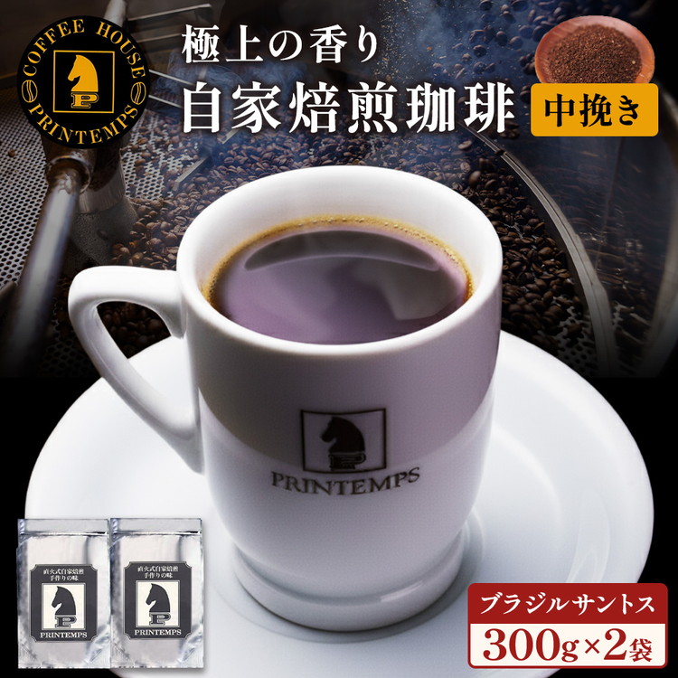 【ふるさと納税】《プランタン珈琲商会 自家焙煎レギュラーコーヒー》 ブラジルサントス 300g×2袋入り(中挽き) 当社で焙煎仕立てのコーヒー豆をお届け！ ｜ コーヒー豆 珈琲 コーヒー 珈琲豆 豆 コーヒー豆300g 珈琲セット 中挽き [1641]