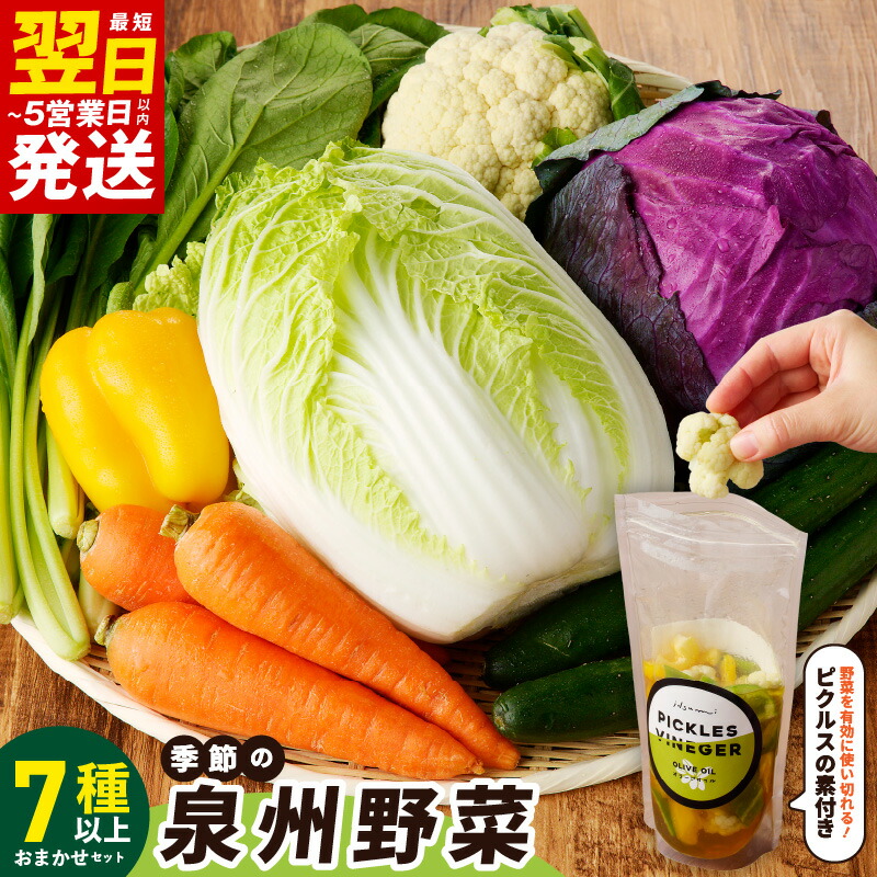 【ふるさと納税】＼最短翌日～5営業日以内発送／ 季節の泉州野菜 7種以上 おまかせ セット ピクルスの素 1袋付き 新鮮 旬の野菜 野菜 詰め合わせ 忙しい方向け 食べ比べ 食卓 ベジタブル 産地直送 大阪産 泉佐野市産 国産 泉佐野市 送料無料 いずみピクルス NSW