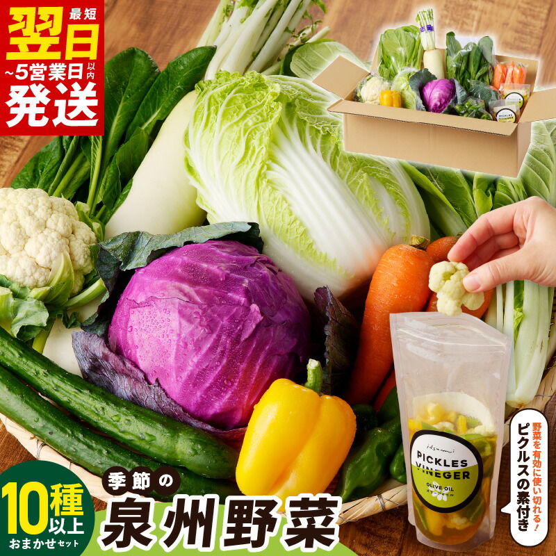 【ふるさと納税】＼最短翌日～5営業日以内発送／ 季節の泉州野菜 10種以上 おまかせ セット ピクルスの素 2袋付き 新鮮 旬の野菜 野菜 詰め合わせ 忙しい方向け 食べ比べ 食卓 ベジタブル 産地直送 大阪産 泉佐野市産 日本産 泉佐野市 送料無料 いずみピクルス NSW