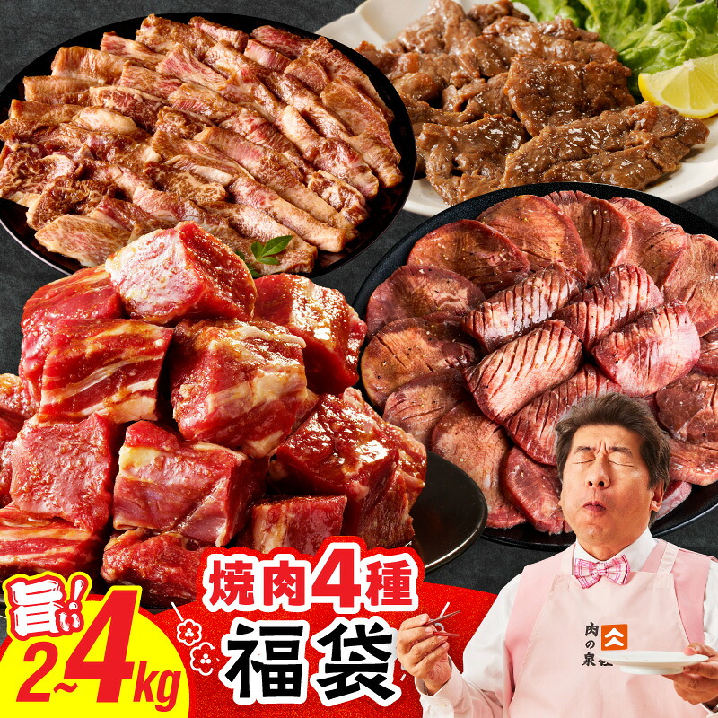 【ふるさと納税】【発送月が選べる】 焼肉 福袋 4種 選べる 内容量 2kg / 4kg 氷温熟成 特製ダレ 500g 小分け 牛タン ヒレ ハラミ バラ 数量限定 冷凍 お取り寄せ 大阪府 泉佐野市 送料無料 牛肉 熟成肉 ふるさと納税オリジナル 限定 肉の泉佐野|大阪府泉佐野市