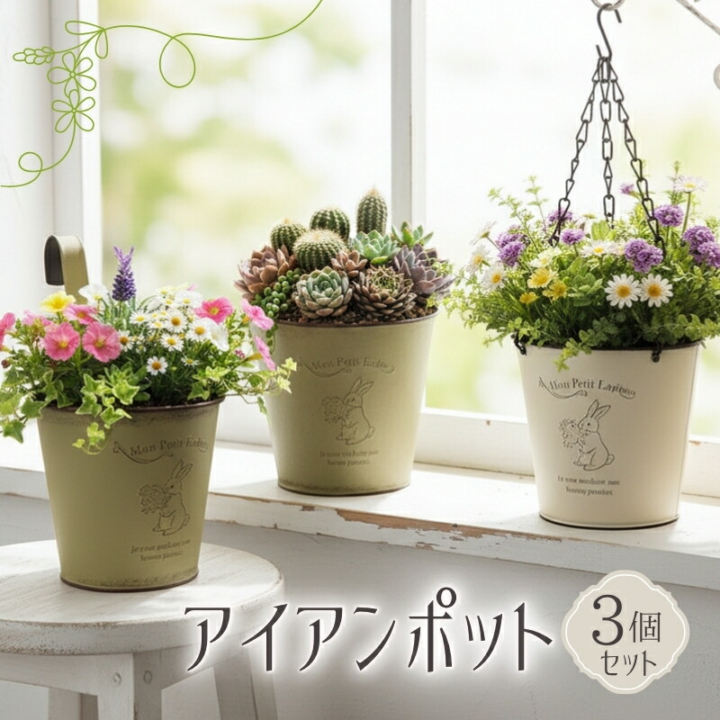 【ふるさと納税】アイアンポット 3個セット ハンギング 吊り下げ チェーン フック付き 壁掛け 置き型 深型 M | 植木鉢 おしゃれ 鉢カバー 止水栓付 プランター アイアン ポット 園芸 ガーデニング アンティーク風 インテリア クラフトワン|大阪府河内長野市