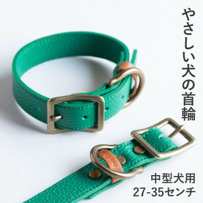 【ふるさと納税】首輪 本革 イタリアンレザー グリーン 中型犬用 (27-35センチ)ペット用品【dc-01ss】【1663189】