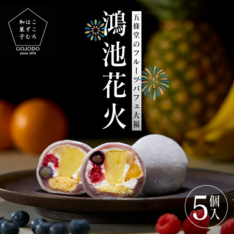 【ふるさと納税】五條堂（GOJODO）の鴻池花火5個入 【ふるさと納税限定】 フルーツパフェ大福★多数のメディアで紹介されました★ 【 フルーツ大福 冷凍大福 お菓子 おかし 和菓子 ブルーベリー オレンジ バナナ フランボワーズ パイナップル おやつ 】