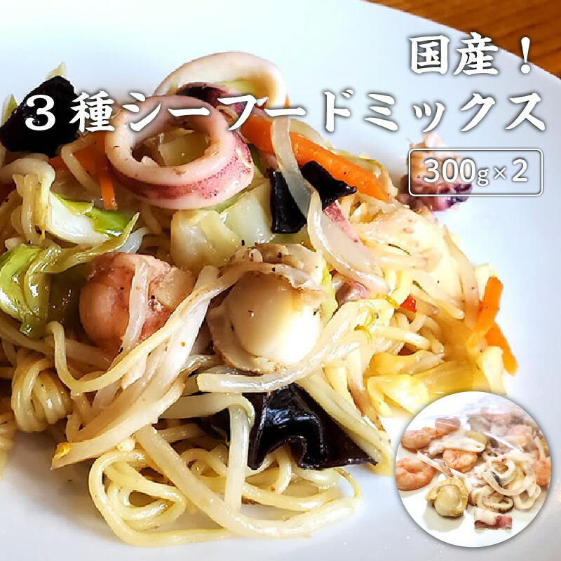 【ふるさと納税】国産で安心！ 3種シーフードミックス 300g×2袋 【 冷凍 いか イカ エビ えび 甘えび 海老 ホタテ 帆立 ほたて シーフード 冷凍食品 海鮮ミックス 柔らかいイカ ドリップがでにくい 急速冷凍 食材 料理 食卓 】