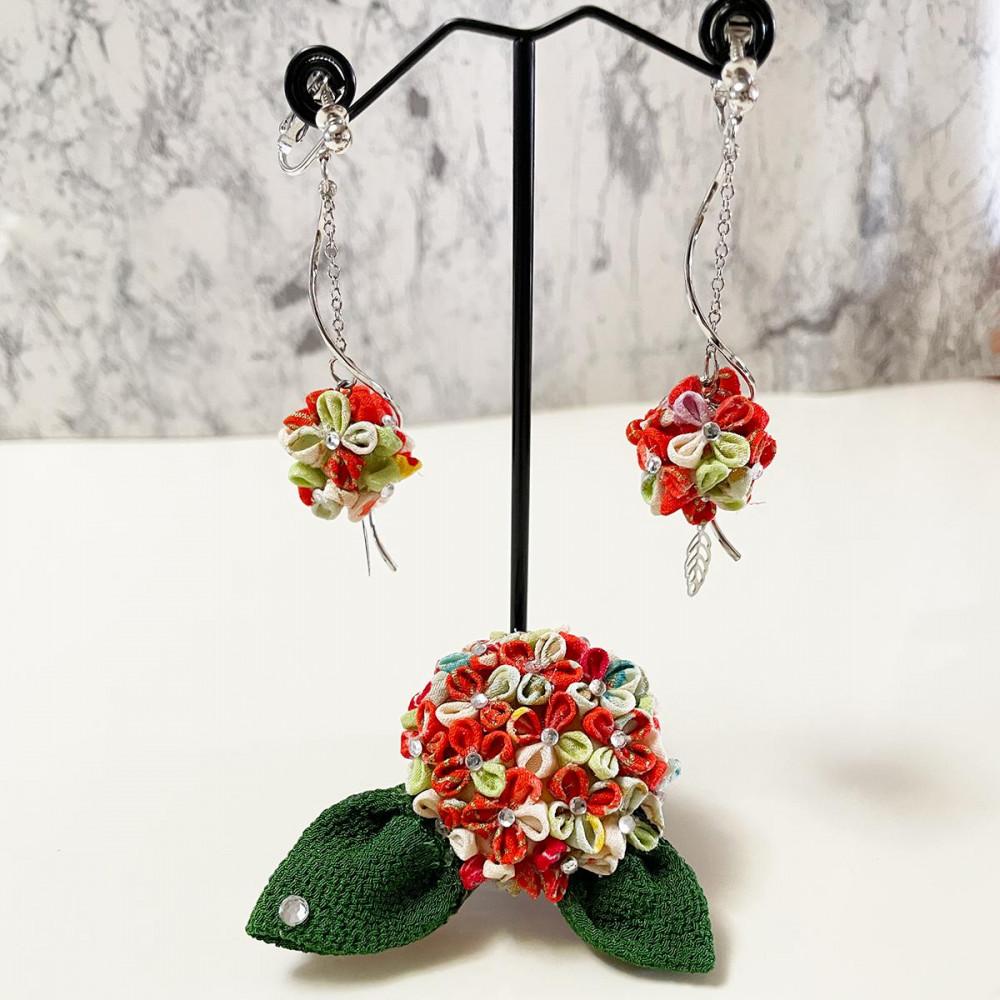 【ふるさと納税】つまみ細工 紫陽花（ハイドレンジア）イヤリング（もしくはピアス）＆ブローチセット | アクセサリー 紫陽花 あじさい インテリア おすすめ 送料無料