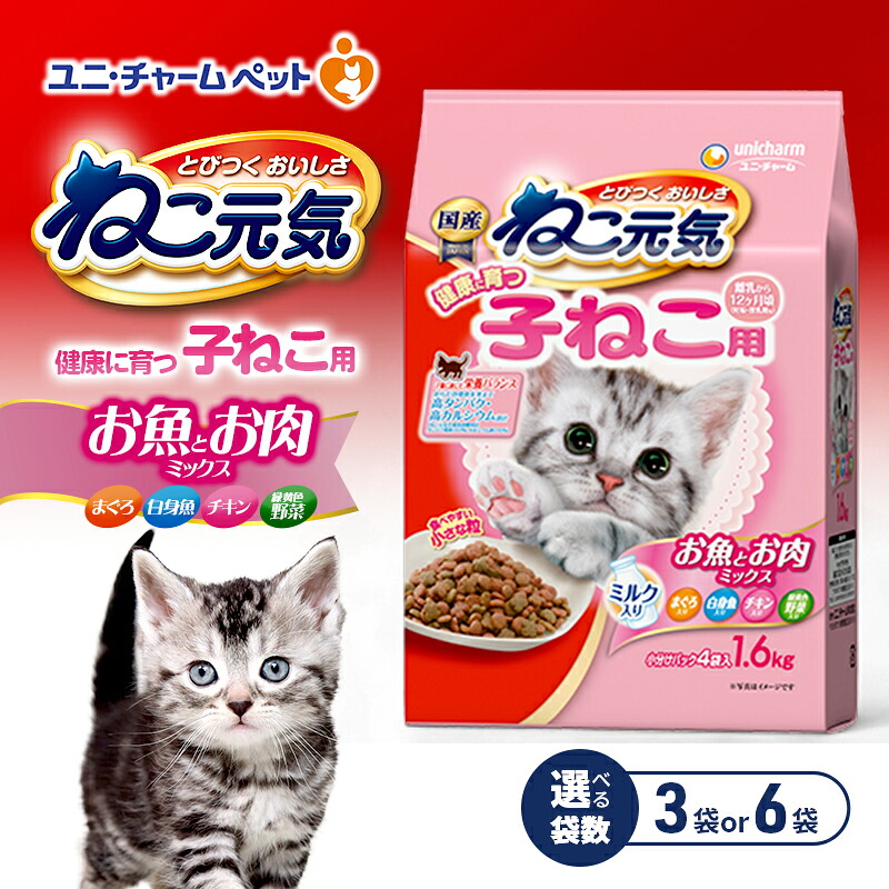 【ふるさと納税】ねこ元気 健康に育つ子ねこ用 お魚とお肉ミックス 1.6kg 選べる袋数(3袋/6袋) ペットフード キャットフード 猫のごはん 猫用フード 猫 ペット ドライ ユニ・チャーム ペット|兵庫県伊丹市