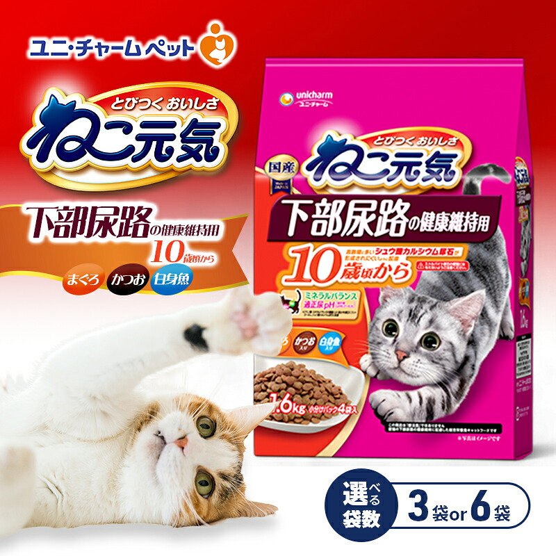【ふるさと納税】ねこ元気 下部尿路の健康維持用 10歳頃から まぐろ・かつお・白身魚入り 1.6kg 選べる袋数(3袋/6袋) ペットフード キャットフード 猫のごはん 猫用フード 猫 ペット ドライ ユニ・チャーム ペット|兵庫県伊丹市