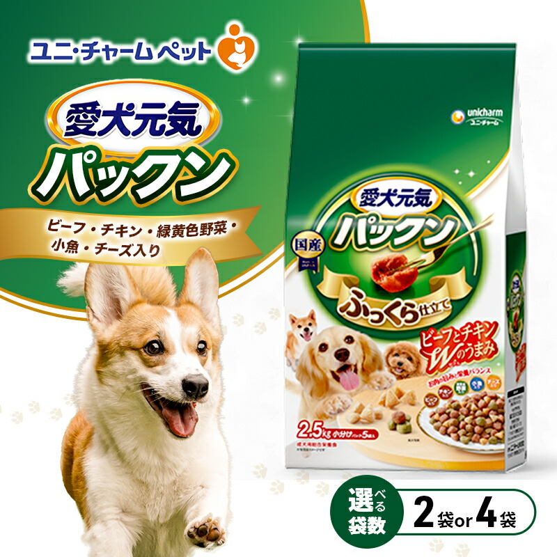 【ふるさと納税】愛犬元気パックン ビーフ・チキン・緑黄色野菜・小魚・チーズ入り 2.5kg 選べる袋数(2袋/4袋) ペットフード ドッグフード 犬のごはん 犬用フード 犬 ペット ソフト ユニ・チャーム ペット 13,860円