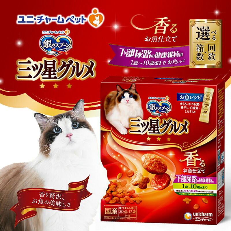 【ふるさと納税】銀のスプーン三ツ星グルメ 香るお魚仕立て下部尿路の健康維持用 1歳～10歳頃までのお魚レシピ 240g 選べる箱数･回数(7箱/14箱/1回/3回定期便) ペットフード キャットフード 猫 ペット 小分け 個包装 ドライ ユニ・チャーム ペット