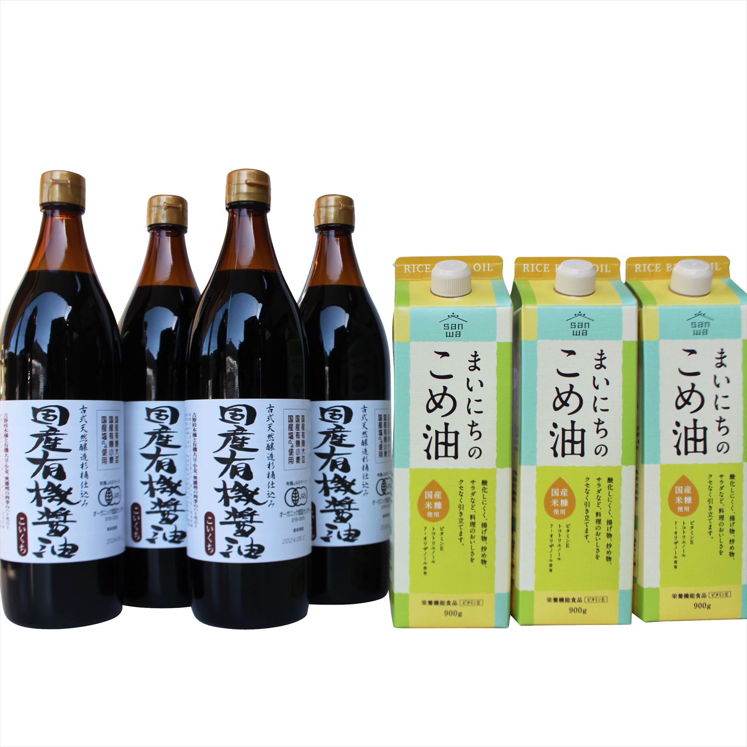 【ふるさと納税】国産有機醤油4本とまいにちのこめ油詰合わせ[864] 国産 有機 まいにち こめ油 醤油 まいにちのこめ油｜兵庫県多可町