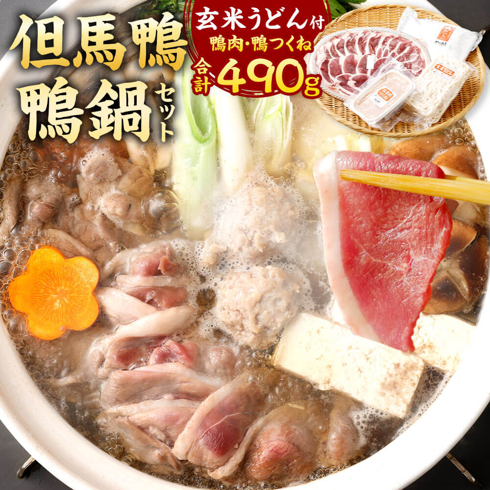 【ふるさと納税】「但馬鴨」鴨鍋セット（大） 玄米うどん付き 鴨肉 360g  つくね 130g 計490g 玄米 うどん 2玉 出汁 ダシ つゆ 1200ml 鴨鍋 但馬鴨 鍋 セット お取り寄せ 国産 冷凍 【配送不可地域：離島】【1537944】 兵庫県 新温泉町 送料無料