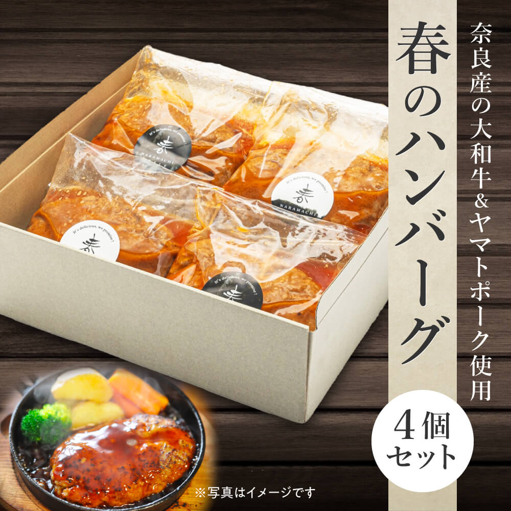 【ふるさと納税】春のハンバーグ４個セット 大容量 個包装 肉汁 たっぷり 牛肉 合挽き ジューシー 冷凍 ギフト キャンプ アウトドア 贈り物 小分け 簡単調理 湯煎 温めるだけ 湯せん 株式会社 春 奈良県 奈良市 なら 20-022