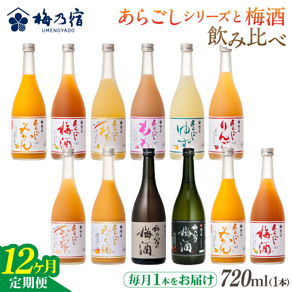 【ふるさと納税】梅乃宿 あらごしシリーズ と 梅酒 飲み比べ 【12ヵ月定期便】毎月720ml×１本 ／ 定期便 梅乃宿酒造 お酒 リキュール ギフト 贈り物 プレゼント 人気 メーカー直送 みっく酒 ゆず みかん 梅酒 もも 果実 奈良県 葛城市【umyd-tkb003】