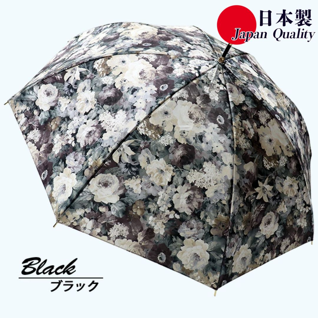 【ふるさと納税】傘 レディース 雨傘 長傘 サテン織り 手開き 花柄 173511 日本製 ブラック ／ まちづくり観光振興機構 エレガント 軽い 奈良県 田原本町｜奈良県田原本町
