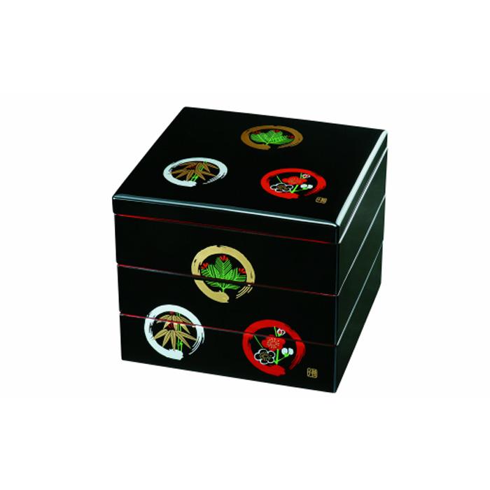【ふるさと納税】三段重箱 黒内朱 丸に松竹梅 お重 紀州漆器 弁当箱 お正月 おせち おせち料理 運動会 和食器 旅館 料亭【YG6】
