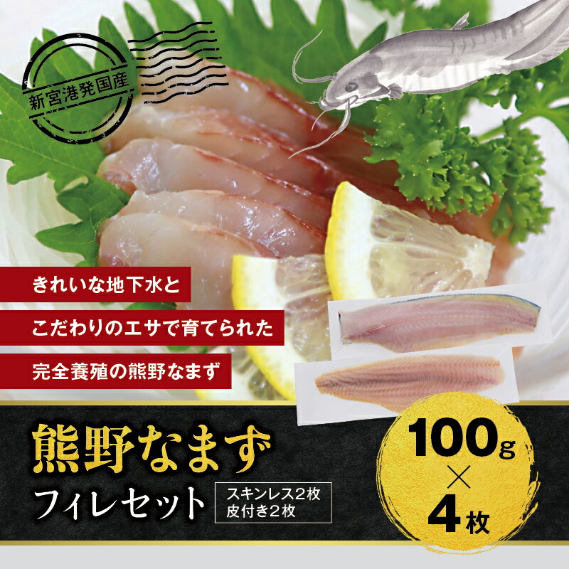 ふるさと納税 熊野なまず フィレセット 刺身 約100g 4枚 スキンレス2枚 皮付き2枚