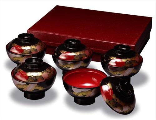【ふるさと納税】吸いもの椀 黒内朱 有り明け方松 ５客入