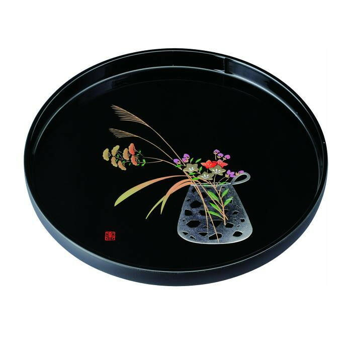 【ふるさと納税】丸盆 30cm 黒 盛絵花かご ［YG465］ | 工芸品 日用品 キッチン お盆 送料無料 おすすめ 人気｜和歌山県高野町