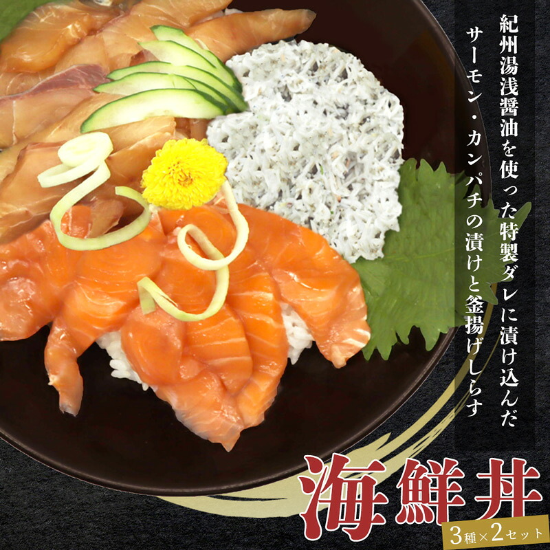 【ふるさと納税】【限定】 紀州湯浅醤油を使ったサーモンとカンパチの漬け&釜揚げしらすの 海鮮丼 3種セット 計600g (100g×2パック×3種)【海鮮丼 漬け 刺身 手巻き寿司】|和歌山県湯浅町