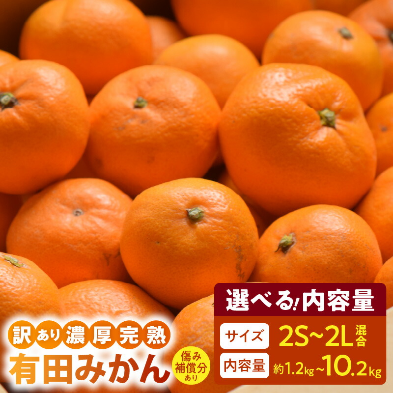【ふるさと納税】【限定】【2025年 先行予約】 訳あり 有田みかん 選べる 容量 1.2kg ～ 10.2kg 補償分付 200g 込み 発送月 10 ～ 1 月 2S ～ 2L サイズ 混合 家庭用 甘み 酸味 バランス 濃厚 完熟 鮮度 旬 お取り寄せ お取り寄せフルーツ 和歌山県 湯浅町 送料無料