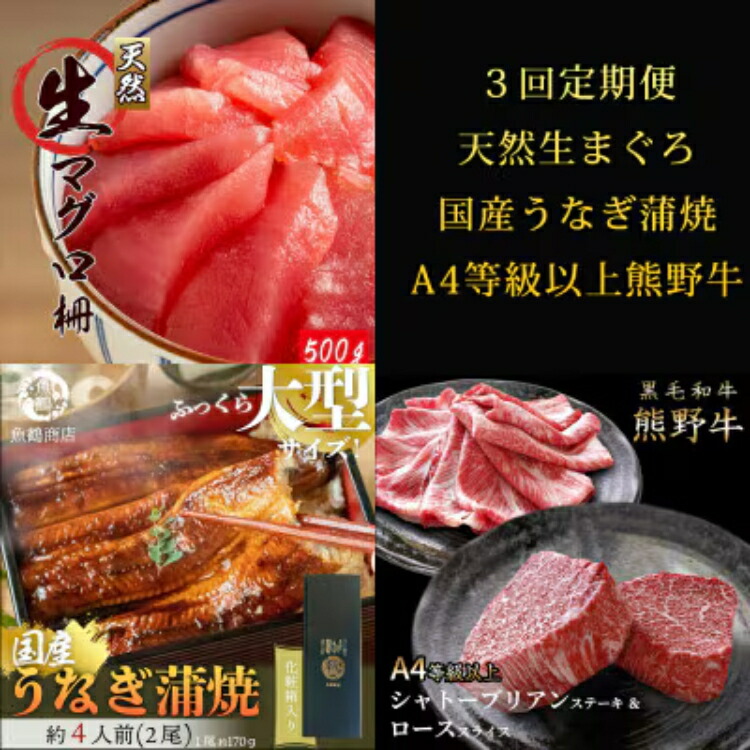 【ふるさと納税】〈毎月定期便〉紀州和歌山うまいもんセットA(生まぐろ・うなぎ蒲焼・熊野牛)全3回 ※離島への配送不可｜和歌山県美浜町