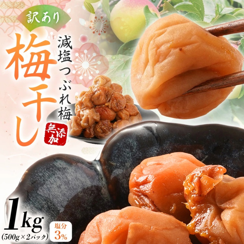 【ふるさと納税】 【訳あり】和歌山県産 紀州南高梅 梅干し 1kg (500g×2パック) 無添加 減塩 塩分3% 大粒 肉厚 ご家庭用 おにぎり お弁当用|和歌山県北山村
