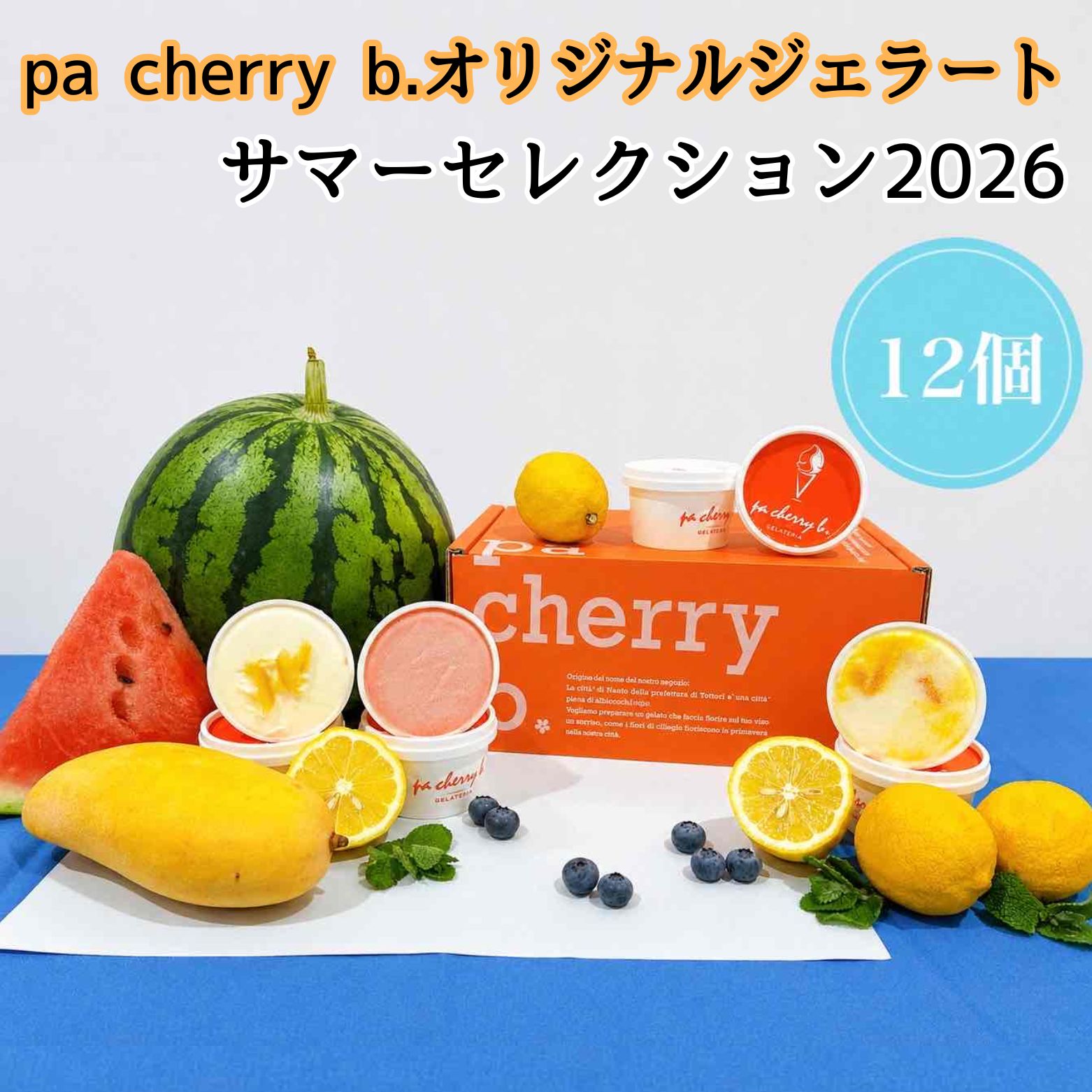 【ふるさと納税】pacherryb.サマーセレクション2026 オリジナルジェラート12個セット<7月・8月限定出荷> スイカソルベ レアチーズブルーベリー レモンヨーグルト マンゴー杏仁 ココナッツ 煎茶ソルベ ミルク アマレーナ ブルーベリーヨーグルト 黒ごま ラムレーズン 珈琲|鳥取県南部町