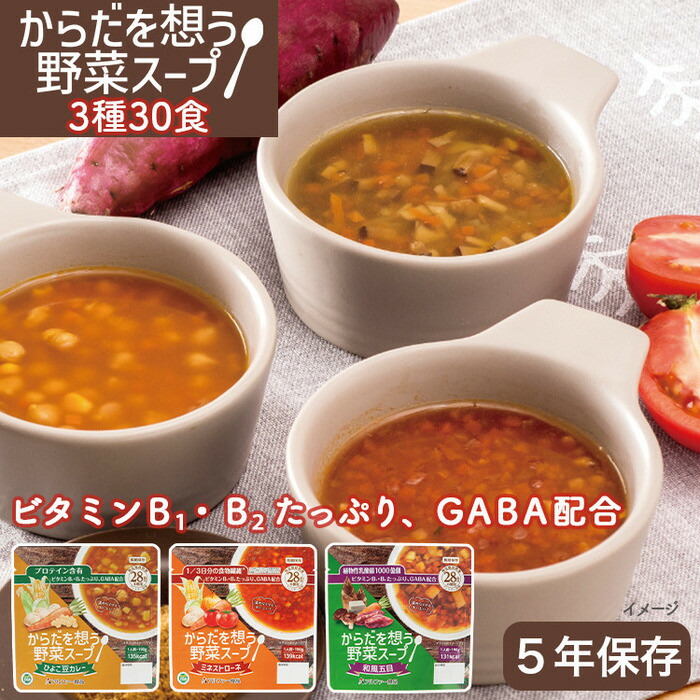 【ふるさと納税】【からだを想う野菜スープ】3種 計30食セット/レトルト/食物アレルギー対応/長期保存/防災食 | 野菜スープ 食物繊維 植物性乳酸菌 ビタミン GABA ギャバ 常温 ヴィーガン VEGAN ベジタリアン 健康 栄養 備蓄 非常食 そのまま食べられる すぐ食べれる｜島根県出雲市