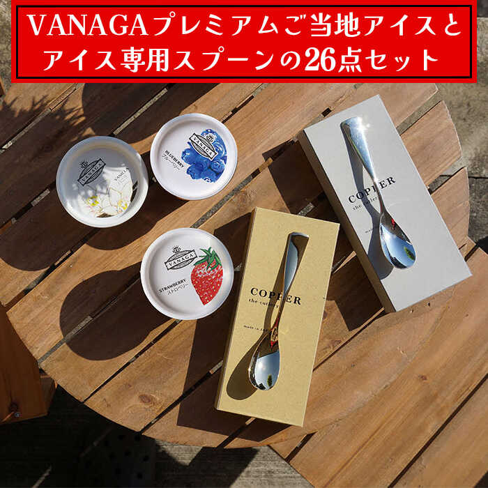 【ふるさと納税】アイス VANAGAプレミアムご当地アイス24個とアイス専用スプーン（ゴールド1本・シルバー1本）の26点セット | アイスクリーム アイス 濃厚 バニラ デザート スイーツ スプーン おすすめ ギフト プレゼント カトラリー 島根県雲南市/やまざと.com[AICN003]｜島根県雲南市