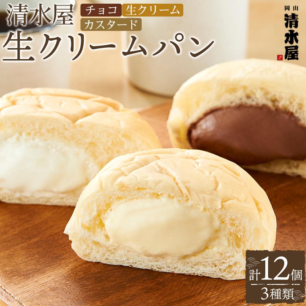 【ふるさと納税】＜究極のふわとろ食感＞清水屋 生クリームパン 12個 3種（カスタード・生クリーム・チョコ） | 冷凍パン クリームパン スイーツパン ぱん パン 詰め合わせ 食べ比べ 美味しい 日持ち 人気 おすすめ ベーカリー グルメ 送料無料 ご当地 ご当地グルメ