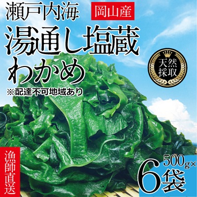 【ふるさと納税】湯通し塩蔵 瀬戸内 わかめ 500g&times;6袋【岡山 瀬戸内海 天然 塩蔵】 無添加 無着色 健康 味噌汁 炊き込み サラダ｜岡山県瀬戸内市