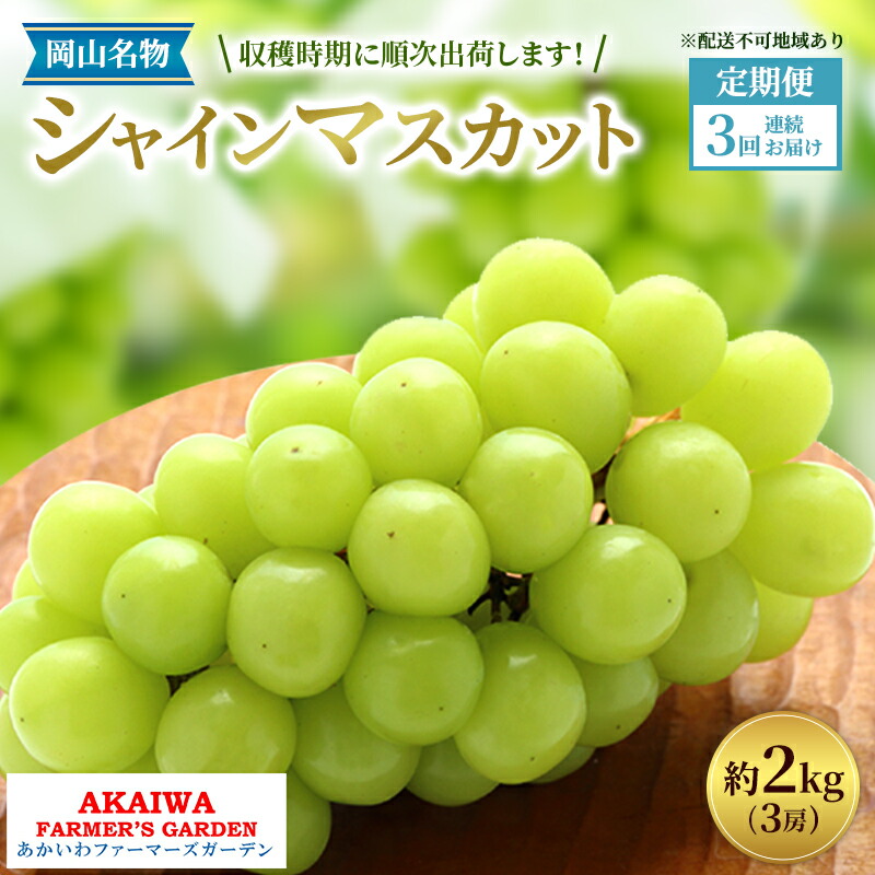 【ふるさと納税】ぶどう 2025年 先行予約 定期便 岡山名産 シャインマスカット 3房 (約2.0kg) 3回連続お届け！ 葡萄 岡山県 赤磐市産 フルーツ 果物 あかいわファーマーズガーデン 　お届け：2025年7月中旬～2025年10月中旬