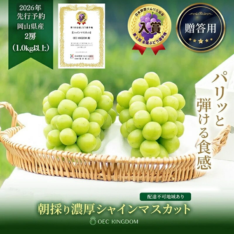 【ふるさと納税】ぶどう 2026年 先行予約 シャインマスカット 2房(1kg以上) 贈答クラス ブドウ 葡萄 岡山県産 国産 フルーツ 果物 ギフト OEC KINGDOM ぶどう家 果物類　お届け：2026年8月下旬～2026年10月上旬画像