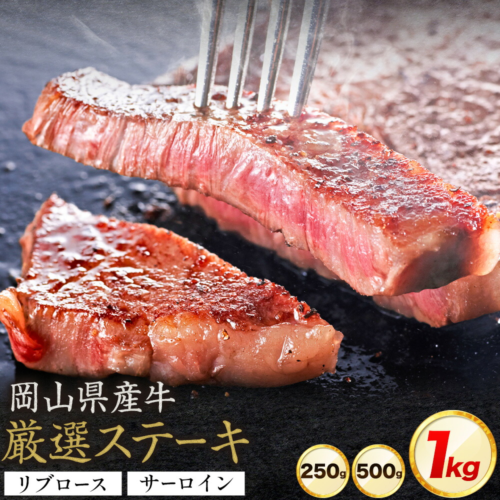 【ふるさと納税】岡山県産牛 ステーキ サーロイン or リブ 交雑牛 選べる 250g 500g 1kg お試し 大容量《60日以内に出荷予定(土日祝除く)》 岡山県 矢掛町 肉 ステーキ 高級部位 希少部位 グルメ お取り寄せグルメ|岡山県矢掛町